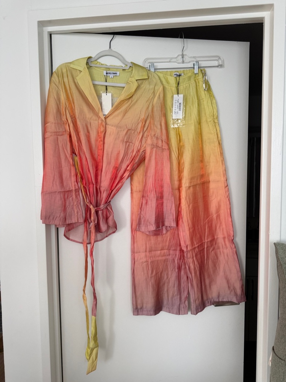 Andrea Iyamah Ombre Yellow to Pink Wide Leg Pants & Tie-Front Top Set